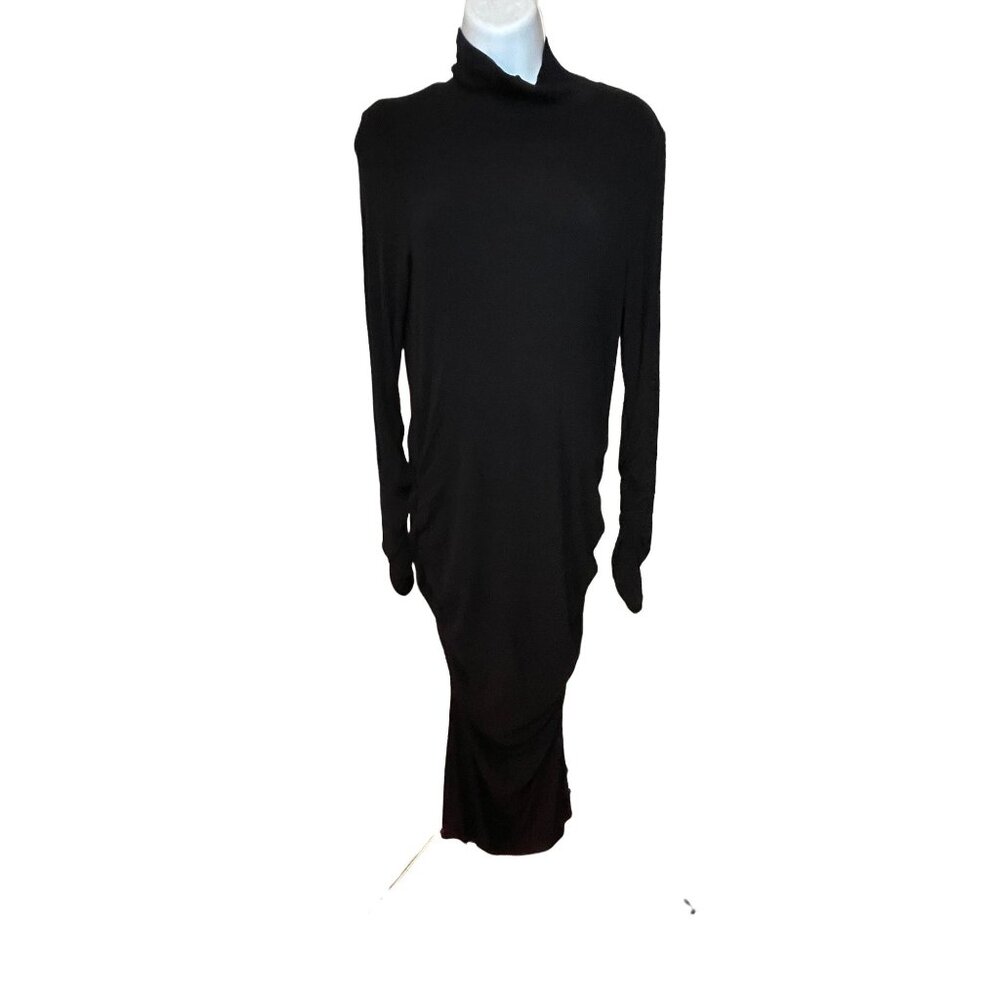 Sanctuary Black Long Sleeve Midi Dress Sz L Draped Side Ruched Stretch High Neck